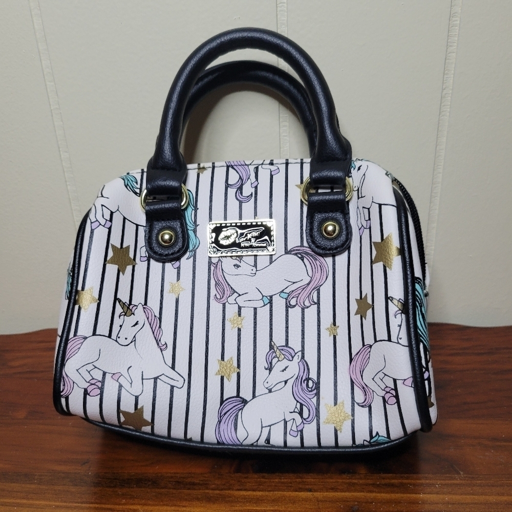 Betsey Johnson Black White Pinstripe Unicorn Star Print Small Handbag